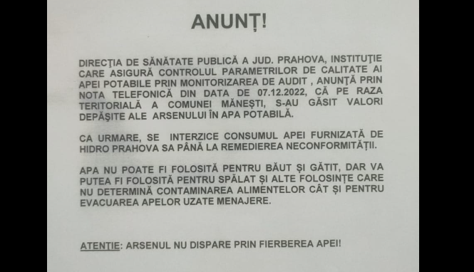 Apă cu arsenic la robinet într-o localitate din Prahova. Primăria a anunțat abia după 8 zile de la descoperire
