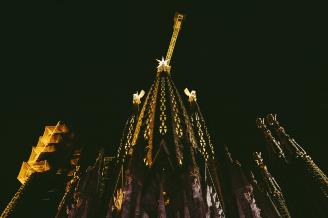 Sagrada Familia - Towers of Luke and Mark Illuminated, Sagrada Familia, Barcelona, Spain - 16 Dec 2022