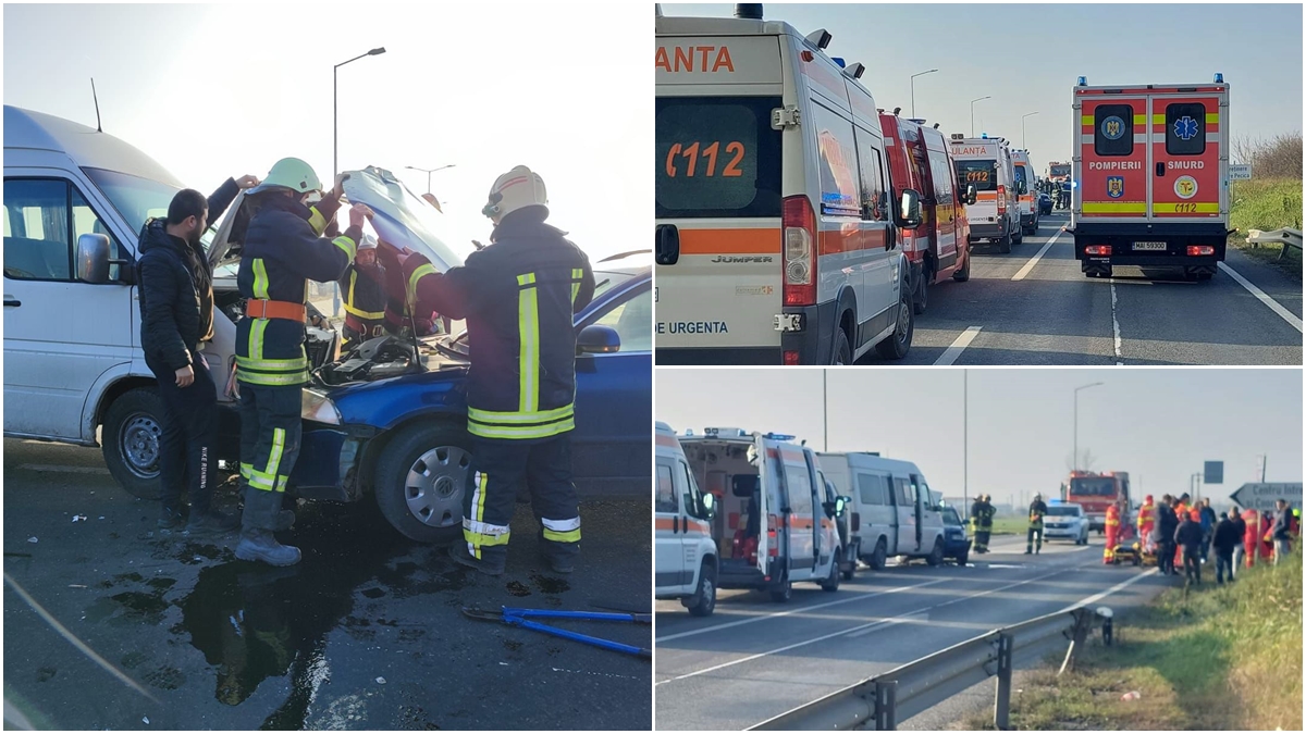 13 pasageri implicați într-un accident, în Arad. Doi copii și trei adulți au fost transportați la spital cu mai multe ambulanțe