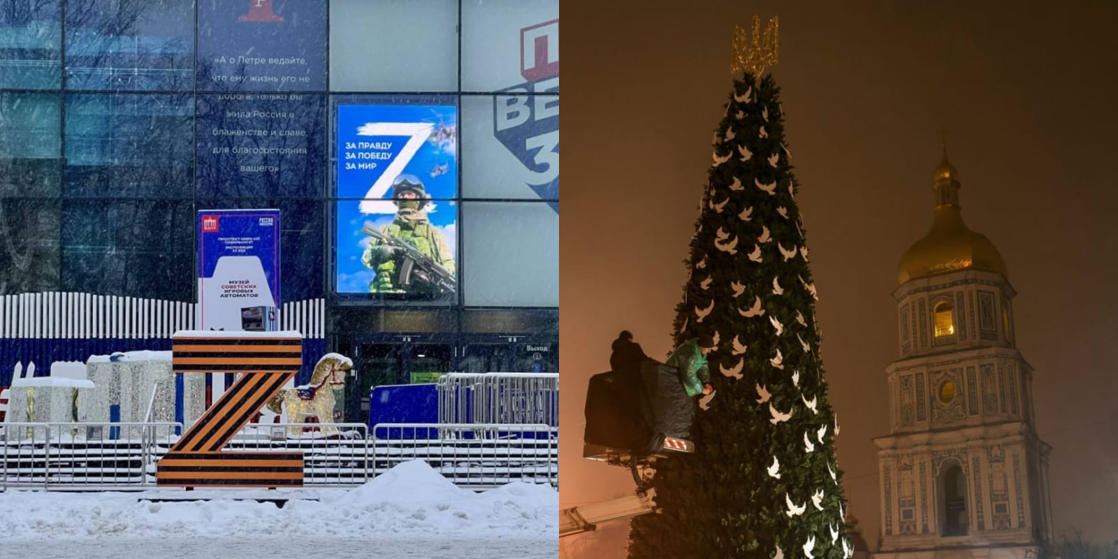 Două lumi în contrast. Moscova - ornată cu simbolurile războiului. Bradul din Kiev - decorat cu figurine în formă de porumbei albi