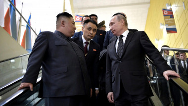 Vladivostok, Russia. 25th Apr 2019. Russian President Vladimir Putin, right, with North Korean leader Kim Jong Un ride the escalator together following bilateral discussions April 25, 2019 in Vladivostok, Russia. The meeting comes two months after a faile