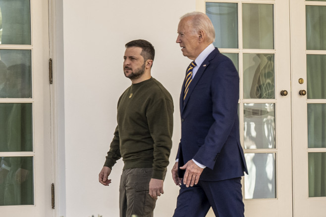 President Biden and President Zelensky Walk down the Colonnade at the White House