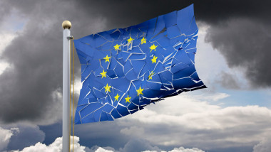 Cracking EU flag - Brexit concept referendum / euro break up of Eurozone European Union / Europe crisis concepts cracked