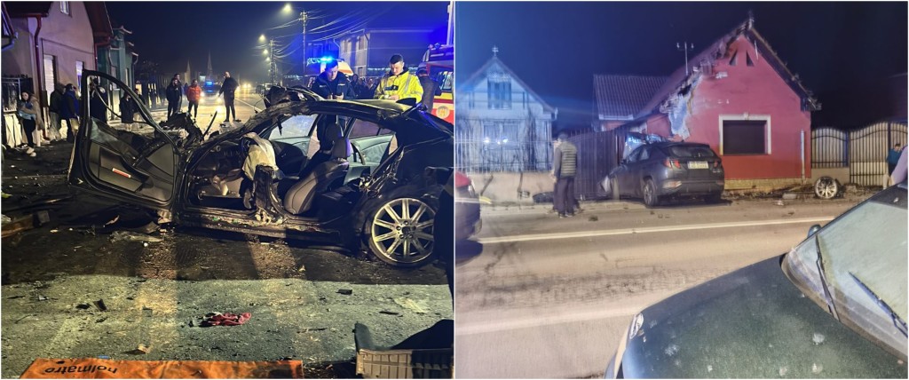 Cu BMW-ul pe acoperișul unei case din Alba. 4 tineri au scăpat cu viață ca prin minune. Primele imagini surprinse imediat după accident