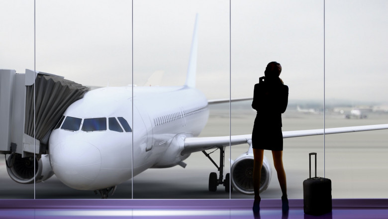 silhouette of businesswoman which expects flight aboard the plane at airport