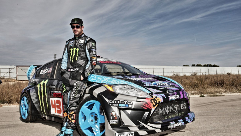 America's Ken Block from the Monster Energy World Rally Team poses with his car during the 'Gymkhana Grid European Gauntlet' competition in Madrid, Spain