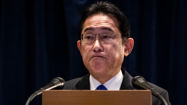 Fumio Kishida speaks during a press conference at