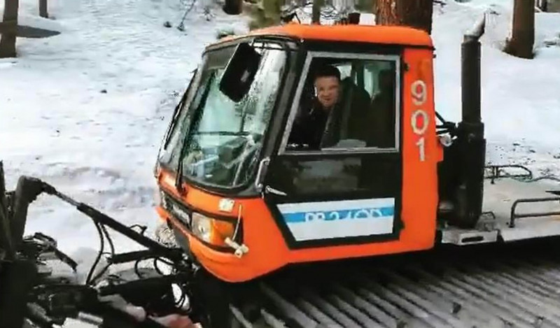 Jeremy Renner in his snow plough which recently ran him over at his home in Reno, Nevada