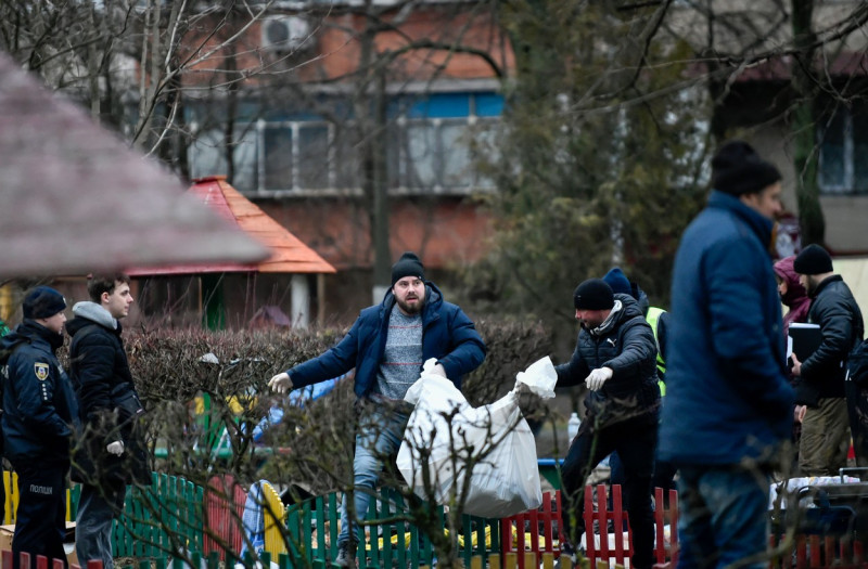 helicopter crash site on the territory of a kindergarten in Brovary near the Ukrainian capital Kyiv - 18 Jan 2023