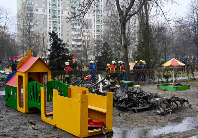 helicopter crash site on the territory of a kindergarten in Brovary near the Ukrainian capital Kyiv - 18 Jan 2023