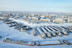 Ships under repair in winter at Zhatay Shipyard in Yakutia, Russia