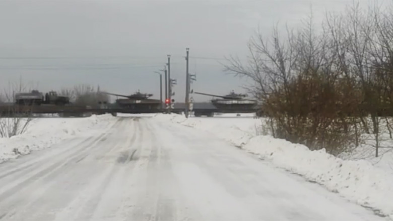 More Russian military vehicles and tanks spotted on a train in Belarus
