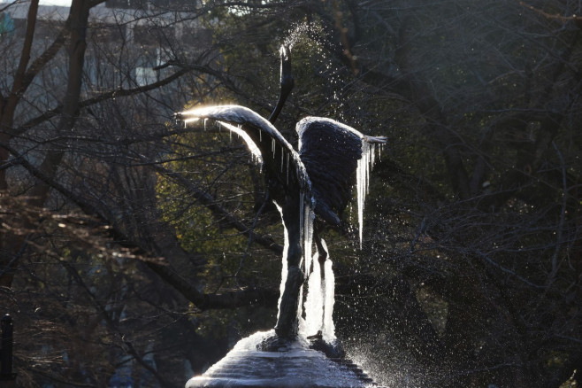 A frozen crane sculpture fountain hangs icicles from its wings