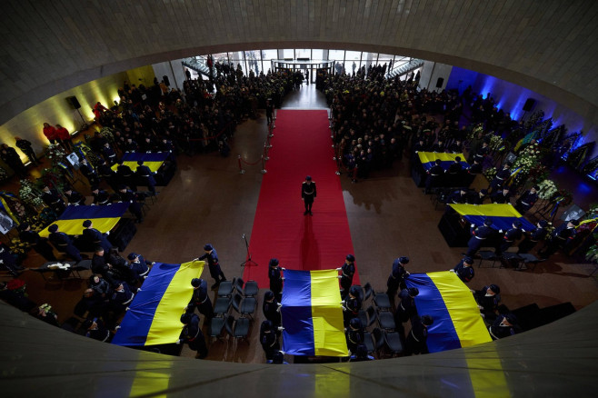 President of Ukraine Volodymyr Zelensky and the First Lady attend the farewell ceremony for the head and employees of th