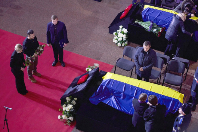 Zelenskyy and wife at the farewell ceremony for Interior Ministry leaders who died in Brovary, Kiev, Ukraine - 21 Jan 2023