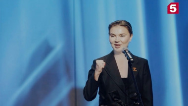 Alina Kabaeva, chair of Russia's National Media Group (NMG), speaking at the group's 15th anniversary commemoration in Moscow