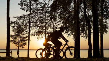 Cyclists in the forest at sunset. Couple walking on a bike in nature. Active lifestyle and recreation, sport, health concept. High quality photo