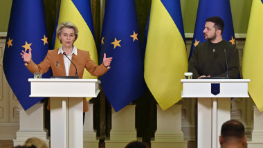 Ukrainian President Volodymyr Zelensky and President of the European Commission Ursula von der Leyen give a joint press conference after talks in Kyiv on February 2, 2023