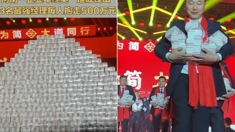 Angajații unei companii din China și-au luat bonusurile dintr-un munte uriaș de bani