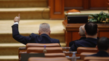 Un parlamentar ridică o mână în sus în timpul unei şedinţe în Camera Deputaţilor din 14 decembreie 2022.