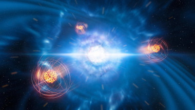 ilustrație a unei kilonove, fuziunea dintre doua stele cu neutroni