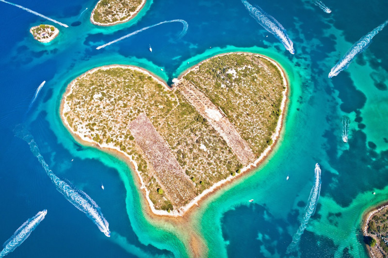 Heart shaped island of Galesnjak in Zadar archipelago aerial view