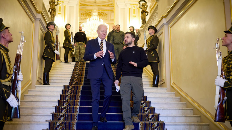 KYIV, UKRAINE - February 20, 2023 -U.S. President JOE BIDEN made a 10 hour long train ride from Poland to the Ukraine capitol of Kyiv where he met with Ukraine President VOLODYMYR ZELENSKY. Bidens under the radar visit was to reaffirm the United States co