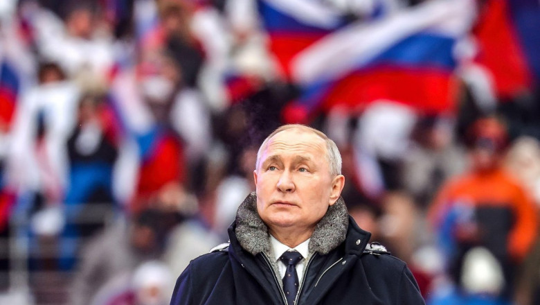Vladimir Putin, preşedintele Rusiei, participă la o adunare publică pe un stadion din Moscova, pe 23 februarie 2023.