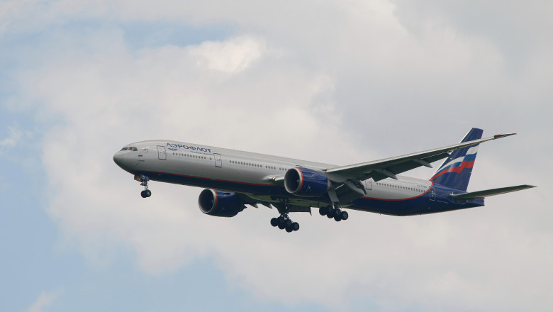 The Aeroflot Boeing 777-300ER aircraft is preparing to land at Pulkovo Airport in St. Petersburg
