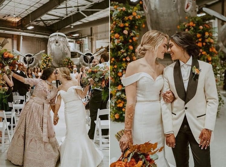 Nuntă virală pe TikTok: două stewardese s-au căsătorit într-un hangar plin cu avioane