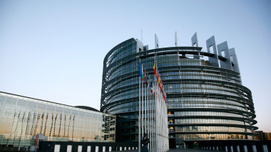 Vedere din exterior a clădirii Parlamentului European de la Strasbourg.