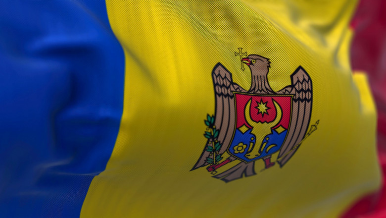 Close-up view of the Moldova national flag waving in the wind