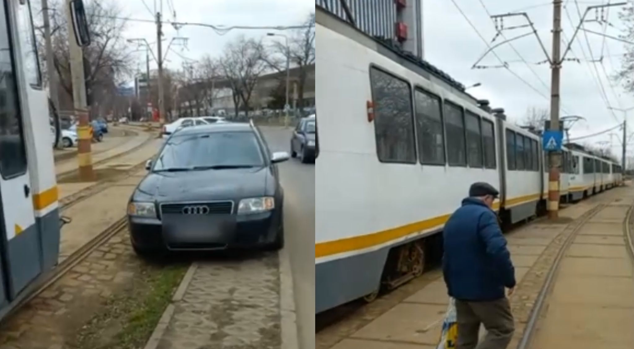 Coadă de tramvaie în București, după ce un șofer și-a lăsat mașina chiar pe linie, pe avarii