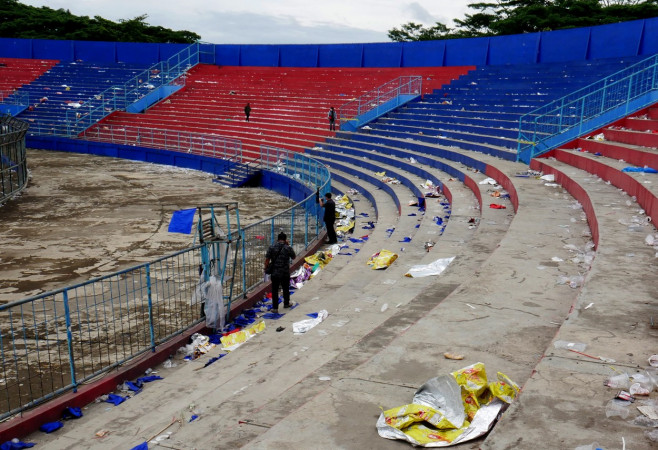 The condition; outside and inside; the Kanjuruhan Stadium; the riot that killed; victims; Malang; East Java; Tragedy; football supporters'; shoes; clocks and others; facilities damaged; Indonesian football; imourning; Arema vs. Persebaya match; 129 people