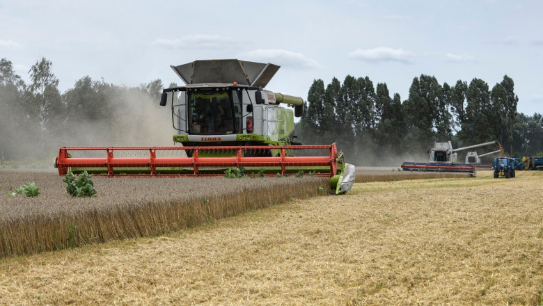 Un utilaj este folosit la recoltarea grâului în regiunea Kiev din Ucraina pe 10 august 2022.