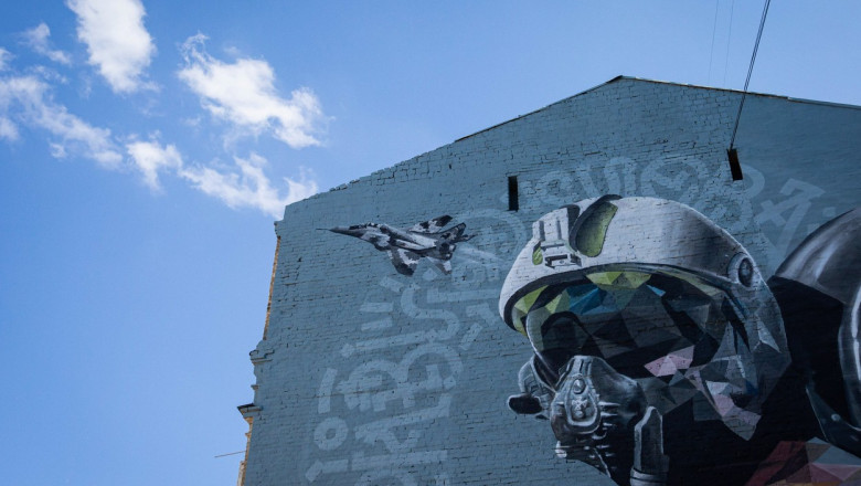 Mural "Ghost of Kyiv", which is dedicated to Ukrainian military pilots in Kyiv - 30 Aug 2022