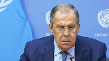 Serghei Lavrov susţine o conferinţă de presă la sediul ONU de la New York pe 24 septembrie 2022.