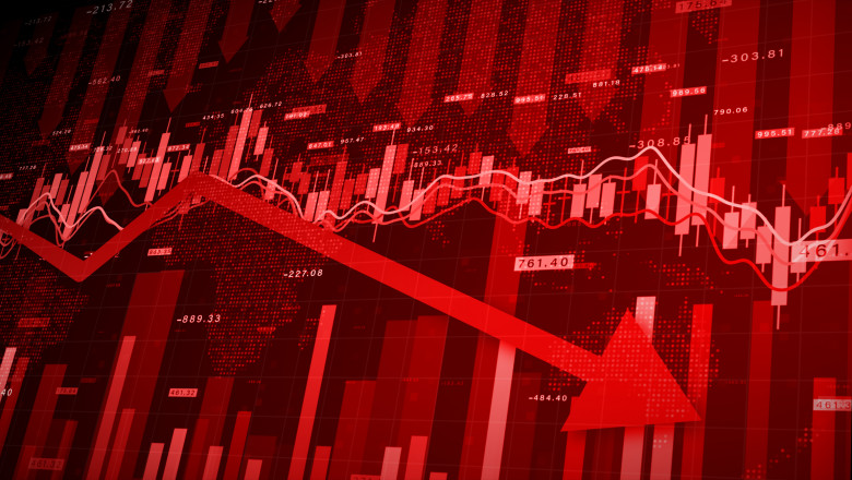 Recession Global Market Crisis Stock Red Price Drop Arrow Down Chart Fall, Stock Market Exchange Analysis Business And Finance, Inflation Deflation Investment Abstract Red Background 3d rendering