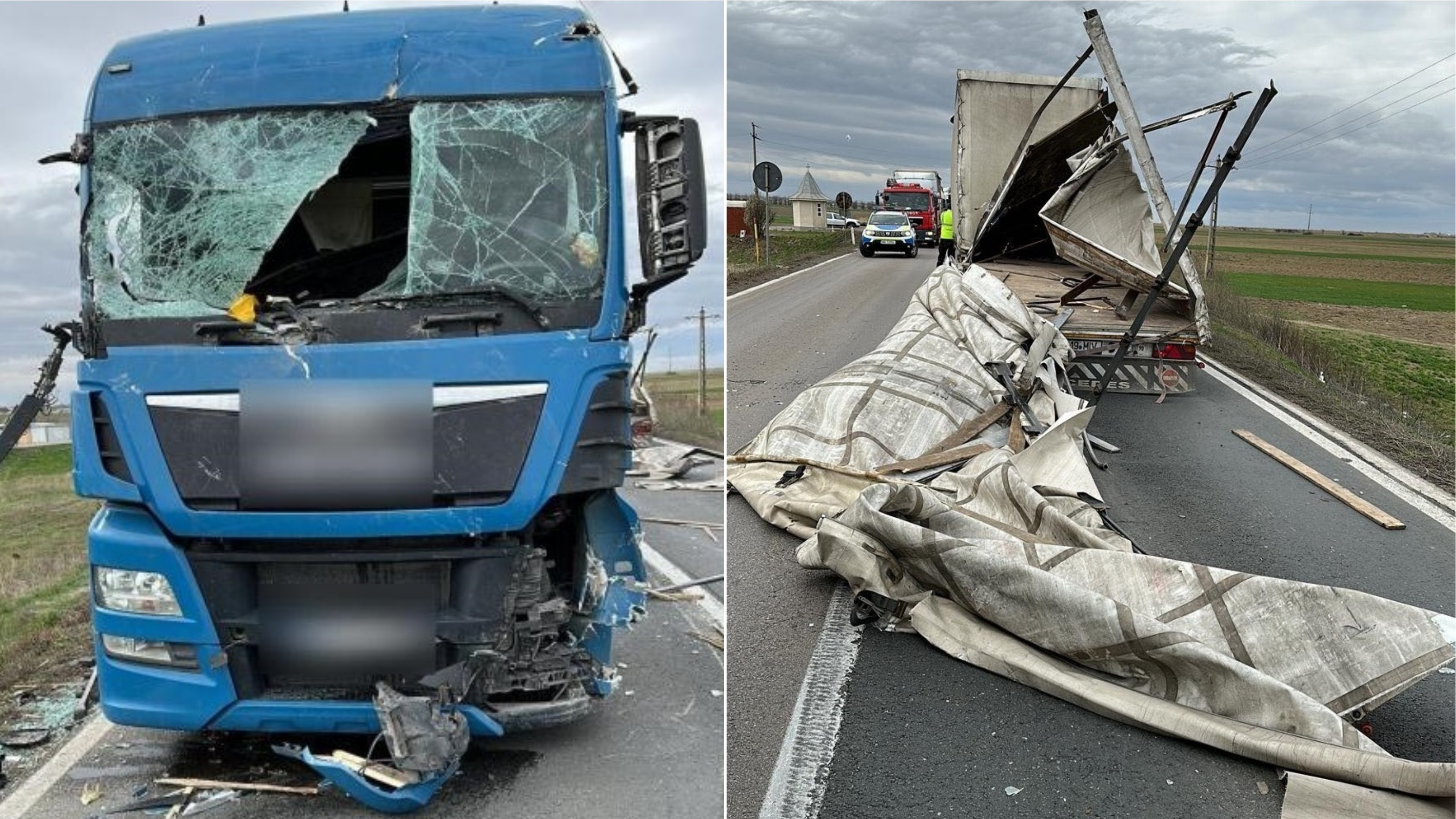 Un șofer a fost rănit după ce remorca unui alt camion a fost luată pe sus de vânt și i-a izbit în plin parbrizul