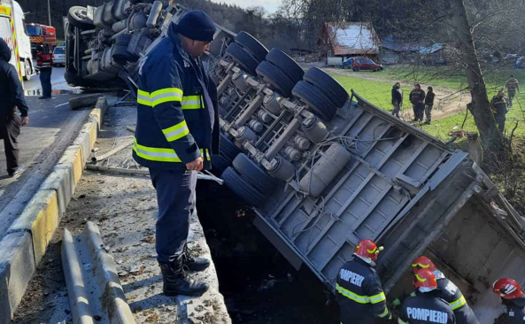 Un autocamion încărcat cu bovine s-a răsturnat pe DN 13. 12 animale au murit, 54 au fost salvate
