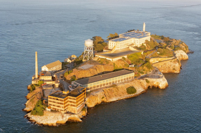 Aerial view over San Francisco at sunset Aerial view over San Francisco and Alcatraz Island at sunset