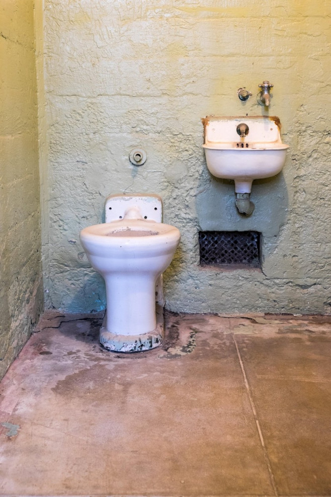 View inside Alcatraz penitentiary prison cell showing minimal facilities