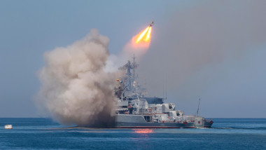 The missile frigate "Ladny" of the Russian Navy makes missile launch during Marine Parade on the Navy day in Sevastopol, Crimea