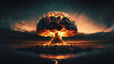 Scary big nuclear explosion with a mushroom cloud and fire in the dark. Atomic weapons and the apocalypse. World War 3