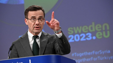 Sweden's Prime minister Ulf Kristersson speaks during a joint press conference