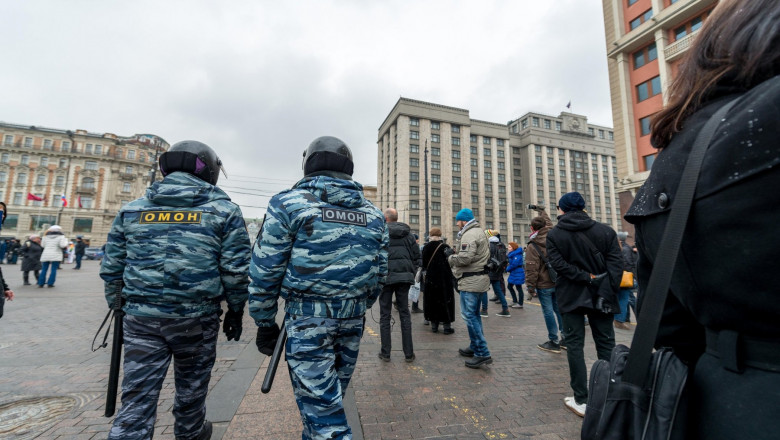 Police on protest against Russian troops in Ukraine in Moscow, Manezhnaya Square on March 2nd, 2014