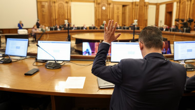 deputat pozat din spate voteaza cu mana sus in comisia juridica
