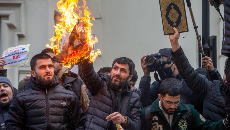 Muslim protesters stage demonstration outside London embassy of Sweden after danish origin right wing man burns Quran outside Turkish embassy in Sweden