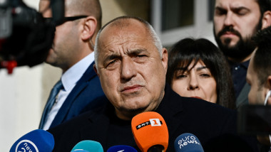 The head of the GERB party and former prime minister Boyko Borisov speaks to the press