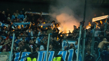 Bilbao, Spain. 25th February, 2016. Supporters of Olympique Marseille celebrate the goal of their team with flares during football match of UEFA Europe League between Athletic Club and Olympique de Marseille at San Mames Stadium on February 25, 2016 in Bi